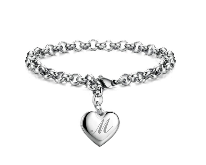 Monily Valentine's Day Initial Charm Bracelets for Women Stainless Steel Charm Letters M Alphabet Heart Bracelet Jewelry Gifts for Women - Image 1